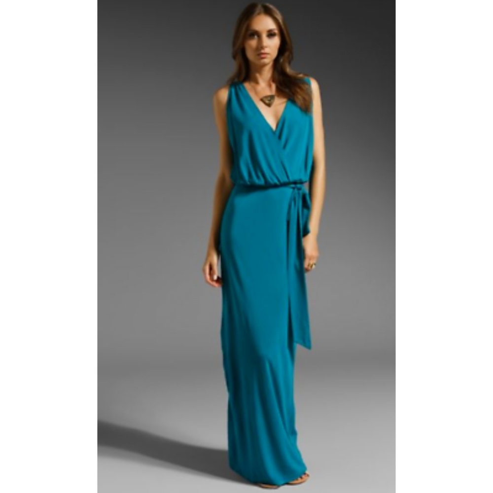 haute hippie Aquamarine Teal Plunging V Grecian Goddess Slit Maxi Gown Dress S M